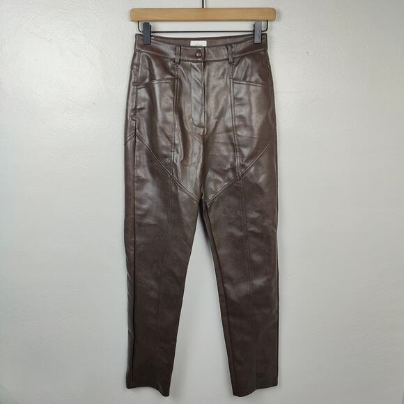 Aritzia Wilfred Rebel Pants Womens 2 Faux Leather Straight Leg Rich Mocha Brown - Picture 1 of 9